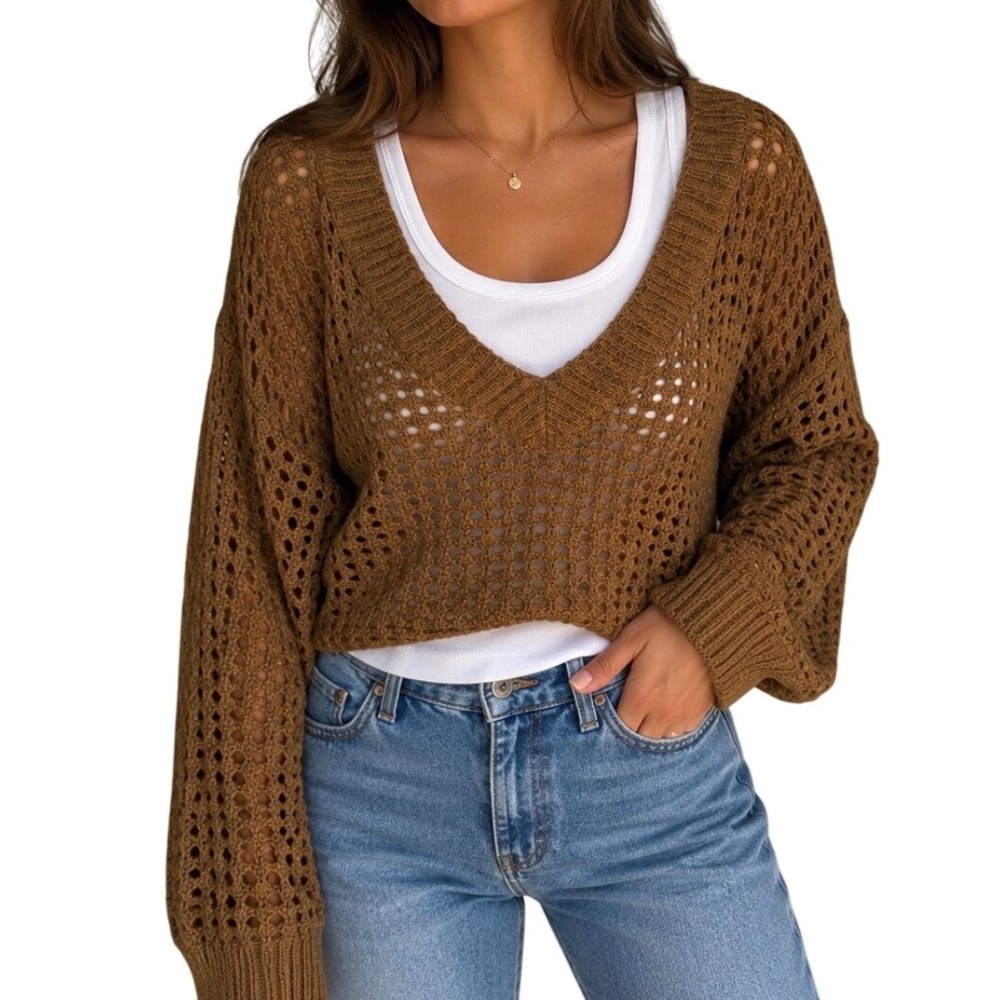 Rhapsody Large Crochet Open Knit Sweater Brown V-Neck Boxy Boho